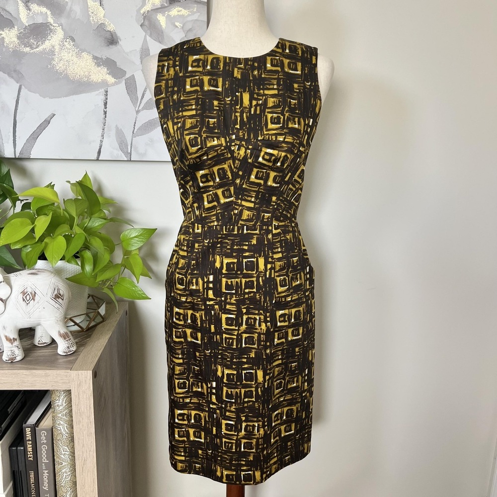 Milly Dress Womens 2 Brown Geometric Sheath‎ Pockets Exposed Zip Knee Length